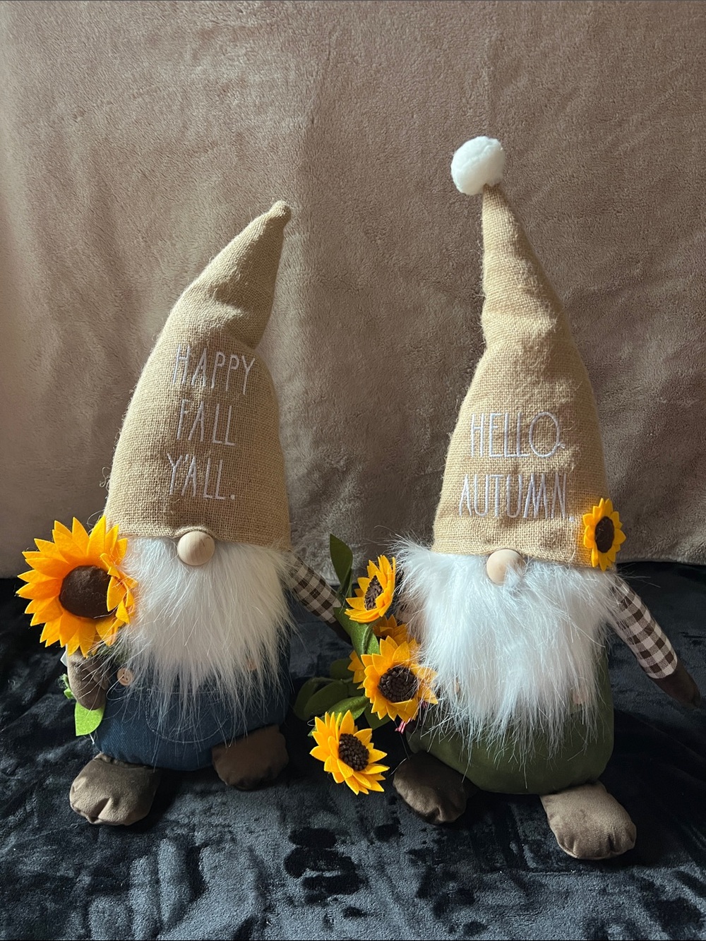 Rae Dunn Fall Sunflower Gnome Pair - Beige Hats, White Beards, Yellow Sunflowers